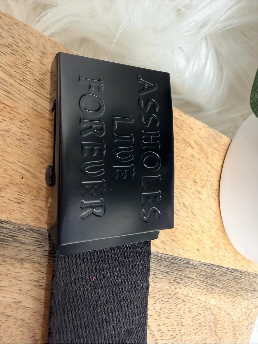 Black Belt with Pink 'ASSHOLES LIVE FOREVER' Text